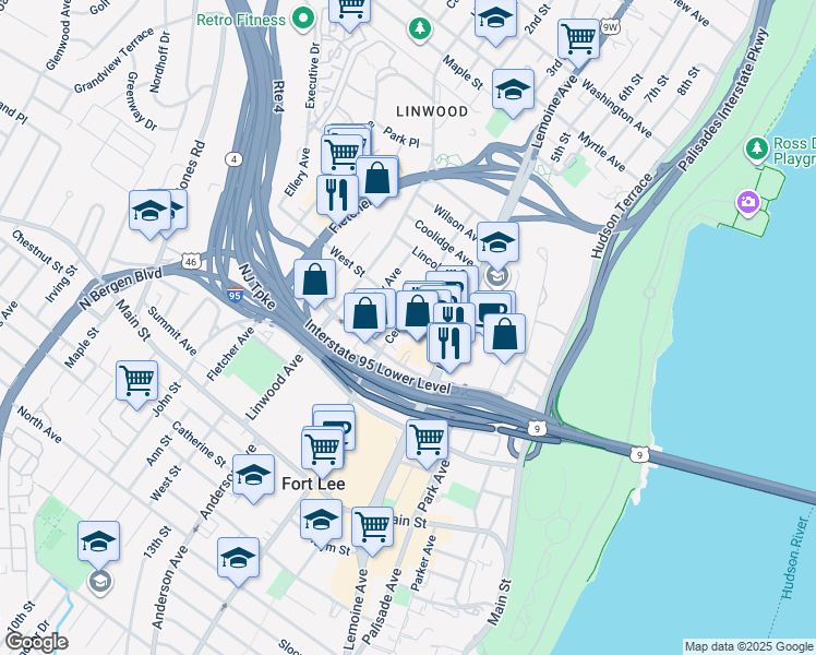 map of restaurants, bars, coffee shops, grocery stores, and more near 2160 Center Avenue in Fort Lee