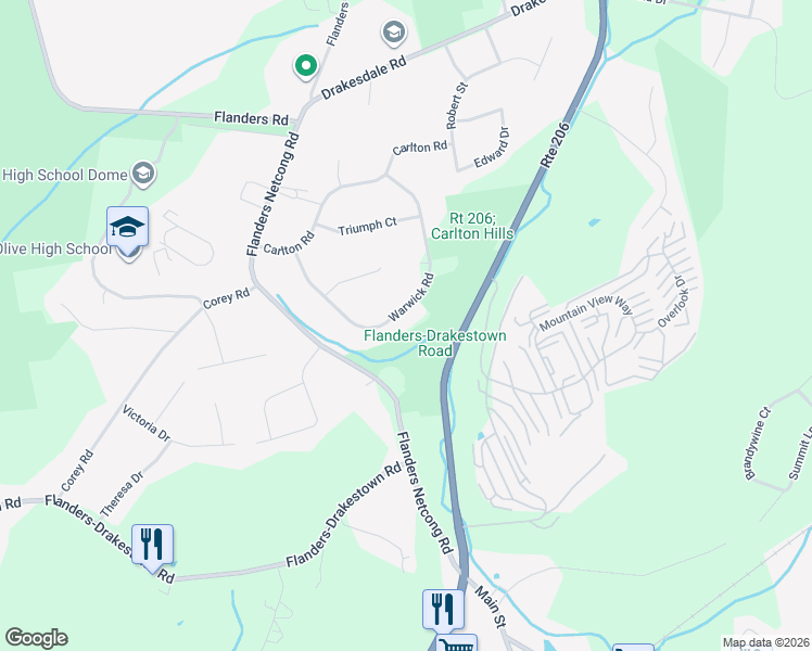 map of restaurants, bars, coffee shops, grocery stores, and more near 21 Warwick Road in Mount Olive Township
