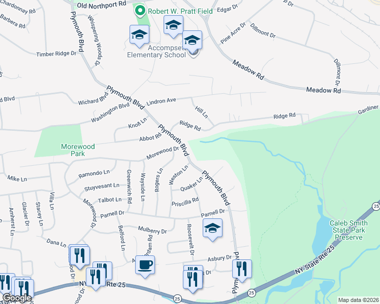 map of restaurants, bars, coffee shops, grocery stores, and more near 107 Plymouth Boulevard in Smithtown