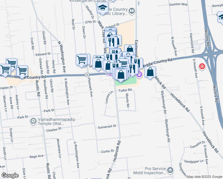 map of restaurants, bars, coffee shops, grocery stores, and more near 105 Lenore Lane in Centereach
