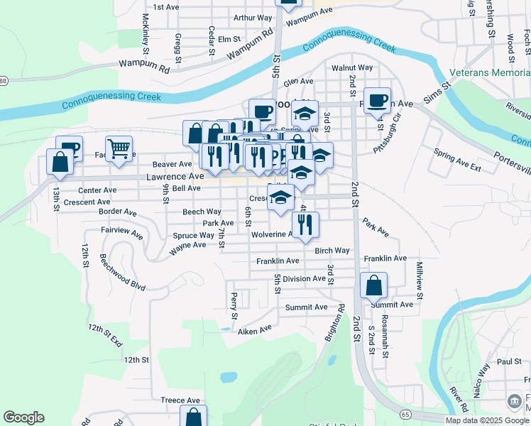 map of restaurants, bars, coffee shops, grocery stores, and more near 416 Short Street in Ellwood City
