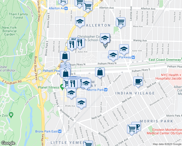 map of restaurants, bars, coffee shops, grocery stores, and more near Pelham Parkway South & Matthews Avenue in Bronx