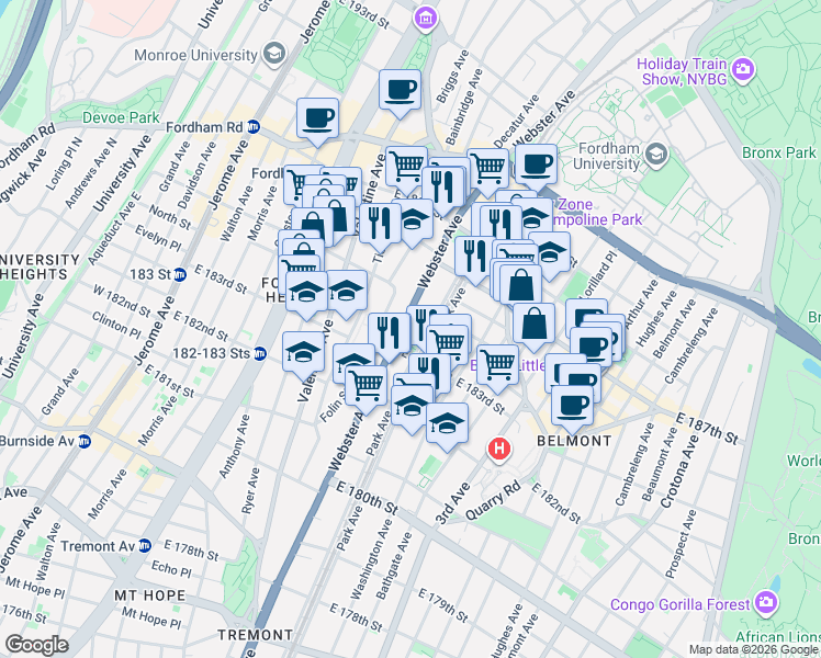map of restaurants, bars, coffee shops, grocery stores, and more near 2324 Webster Avenue in The Bronx