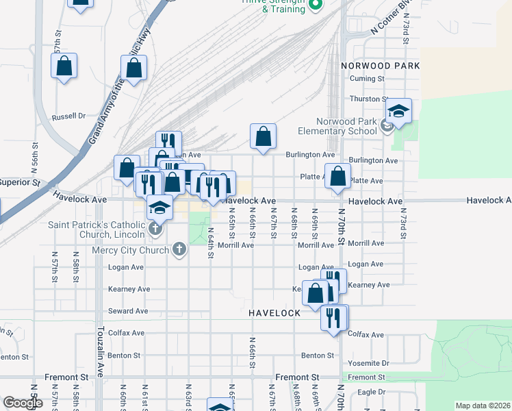 map of restaurants, bars, coffee shops, grocery stores, and more near in Lincoln
