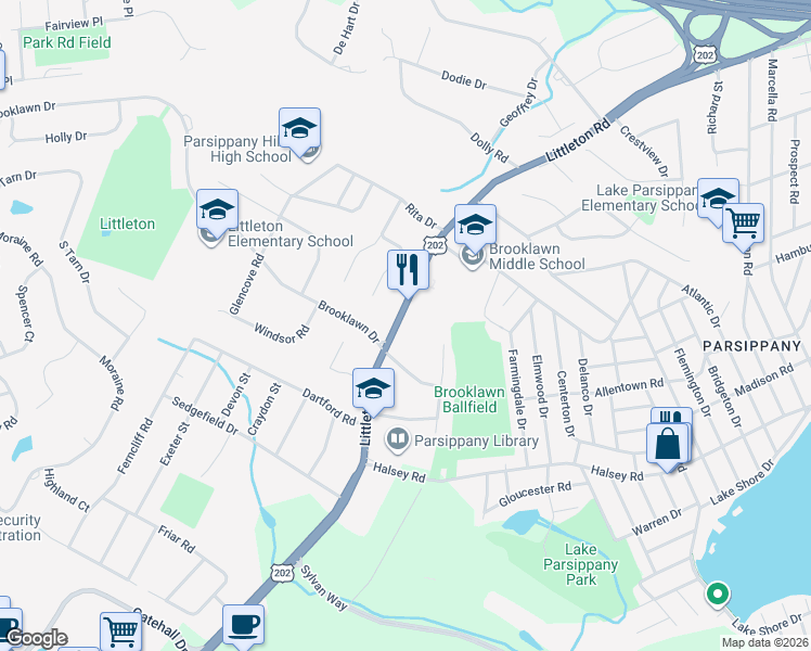 map of restaurants, bars, coffee shops, grocery stores, and more near 1221 U.S. 202 in Morris Plains