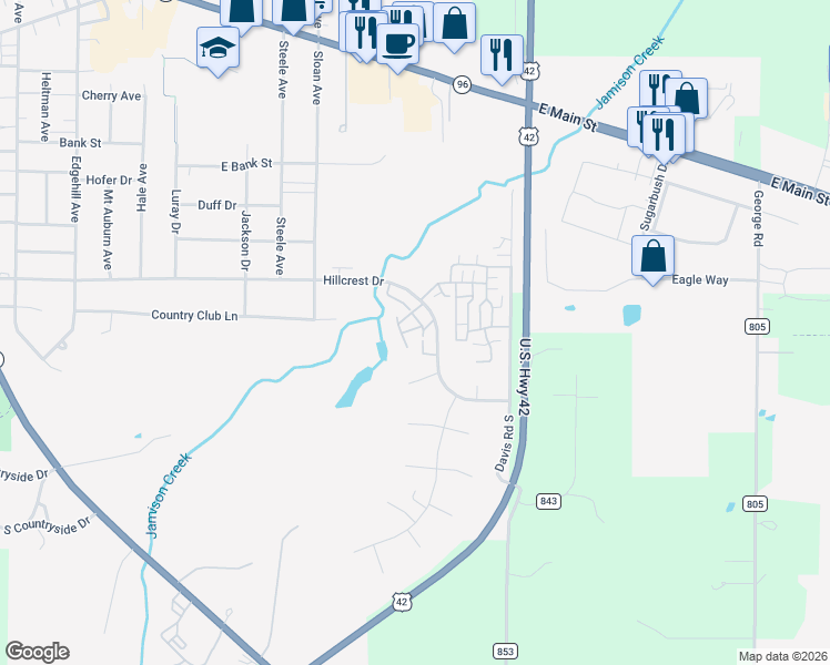 map of restaurants, bars, coffee shops, grocery stores, and more near 1242 Colonial Drive in Ashland
