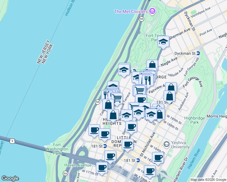 map of restaurants, bars, coffee shops, grocery stores, and more near 350 Cabrini Boulevard in New York