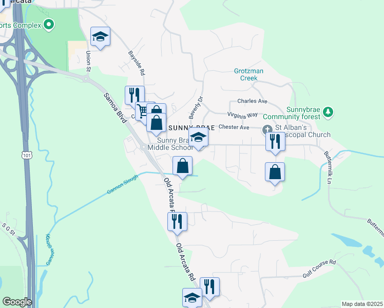 map of restaurants, bars, coffee shops, grocery stores, and more near 1430 Buttermilk Lane in Arcata