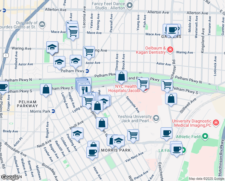 map of restaurants, bars, coffee shops, grocery stores, and more near 2065 Narragansett Avenue in Bronx