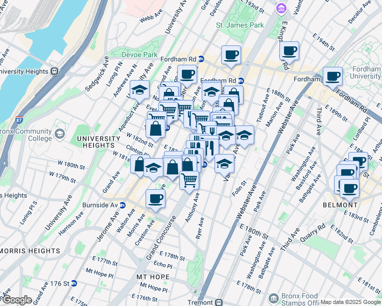 map of restaurants, bars, coffee shops, grocery stores, and more near 2239 Creston Avenue in The Bronx