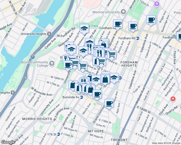 map of restaurants, bars, coffee shops, grocery stores, and more near Davidson Avenue in Bronx