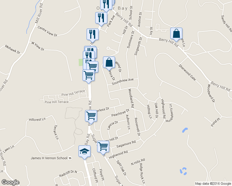 map of restaurants, bars, coffee shops, grocery stores, and more near 6 West Oak Hill Drive in Oyster Bay