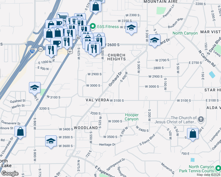 map of restaurants, bars, coffee shops, grocery stores, and more near 2969 400 in Bountiful