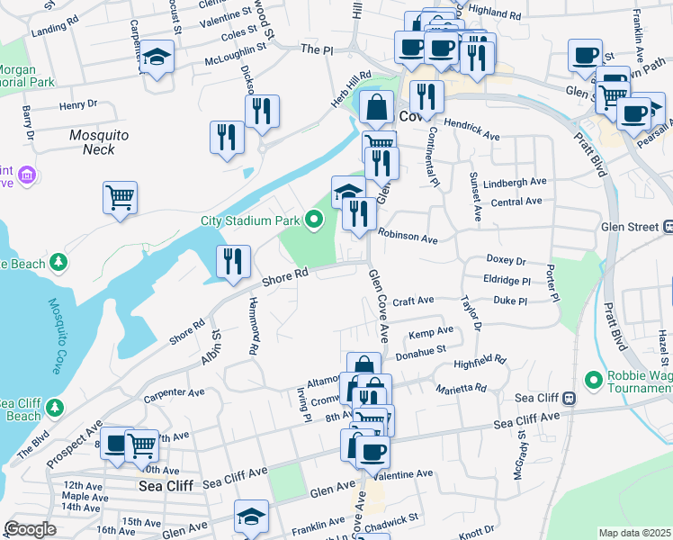 map of restaurants, bars, coffee shops, grocery stores, and more near 1 Shore Road in Glen Cove