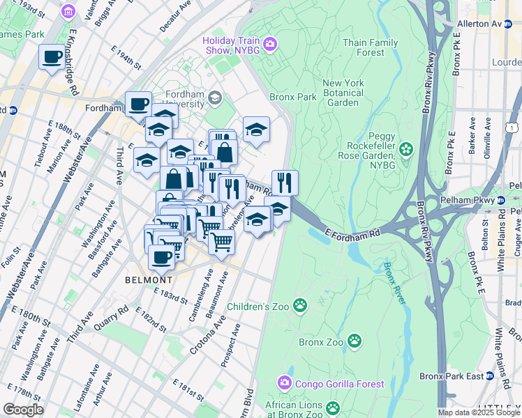 map of restaurants, bars, coffee shops, grocery stores, and more near 696 East Fordham Road in The Bronx