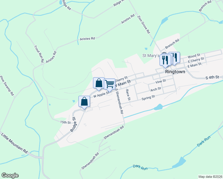 map of restaurants, bars, coffee shops, grocery stores, and more near 372 West Main Street in Ringtown
