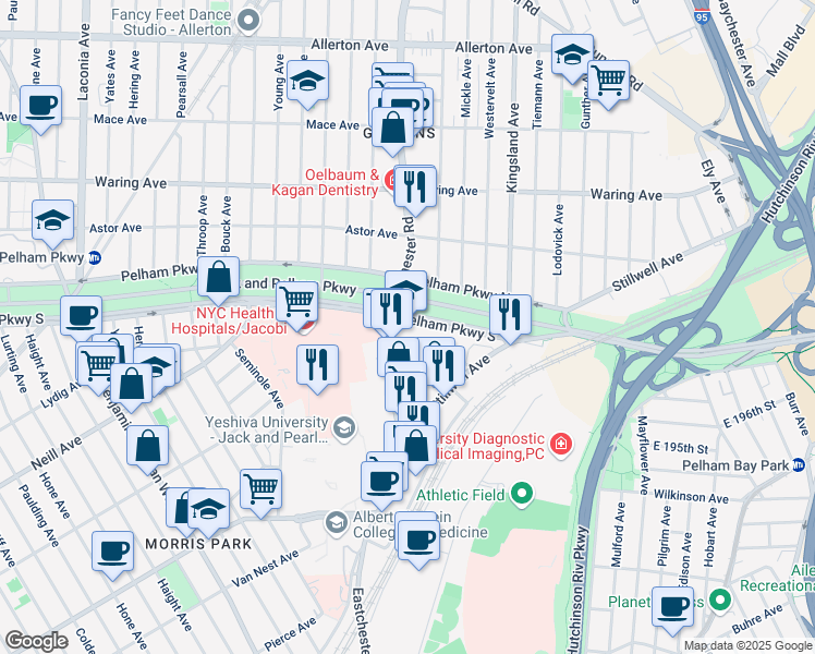 map of restaurants, bars, coffee shops, grocery stores, and more near 1500 Pelham Parkway South in Bronx