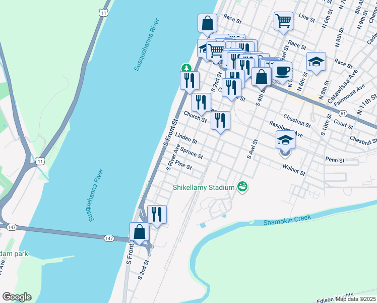 map of restaurants, bars, coffee shops, grocery stores, and more near 199 Spruce St in Sunbury