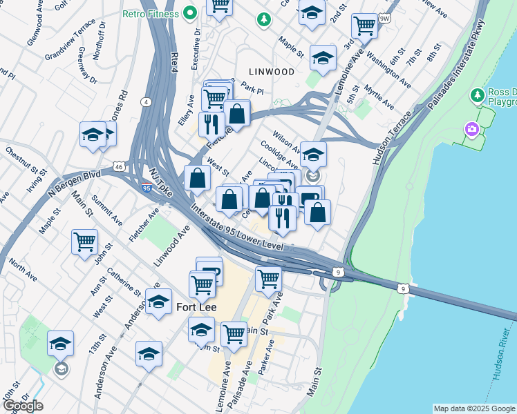 map of restaurants, bars, coffee shops, grocery stores, and more near 2160 Center Avenue in Fort Lee