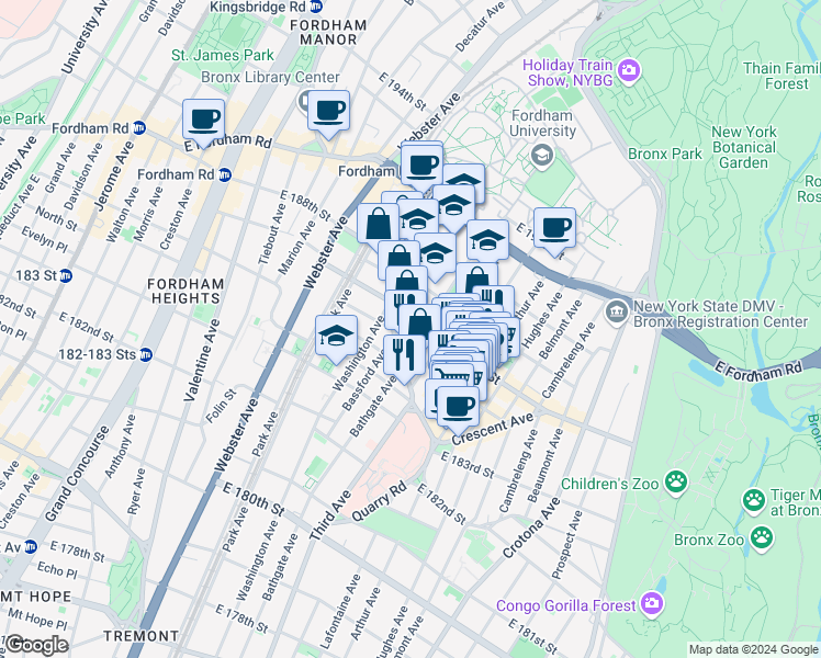 map of restaurants, bars, coffee shops, grocery stores, and more near 527 East 187th Street in Bronx