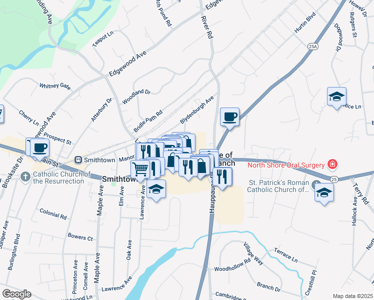 map of restaurants, bars, coffee shops, grocery stores, and more near 23 Bellemeade Avenue in Smithtown