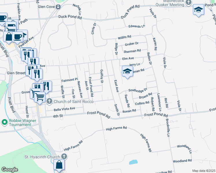 map of restaurants, bars, coffee shops, grocery stores, and more near 31 Guilfoy Street in Glen Cove