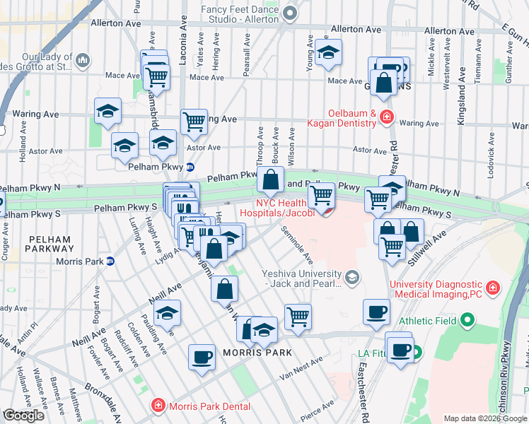 map of restaurants, bars, coffee shops, grocery stores, and more near 2067 Van Hoesen Avenue in Bronx