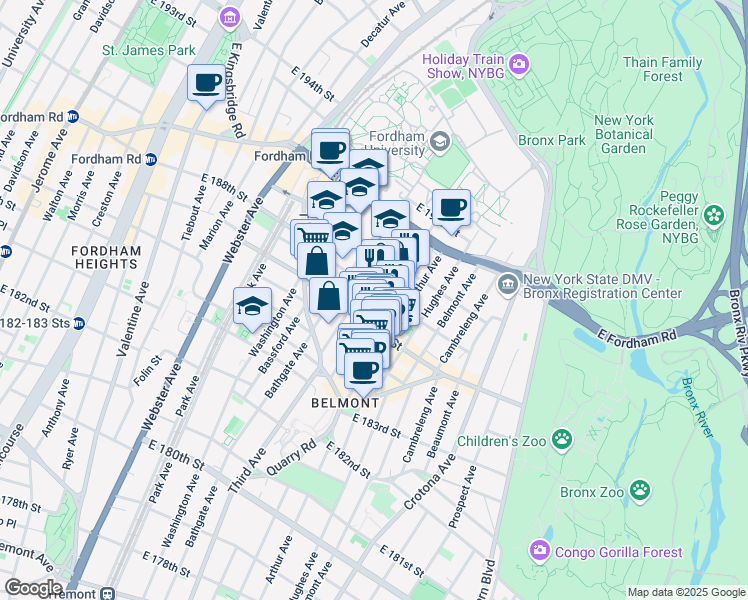 map of restaurants, bars, coffee shops, grocery stores, and more near 2422 Lorillard Place in Bronx