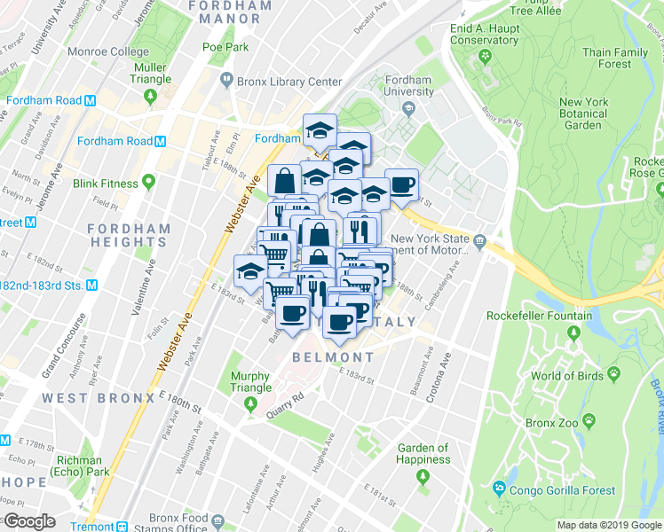 map of restaurants, bars, coffee shops, grocery stores, and more near 527 East 187th Street in Bronx