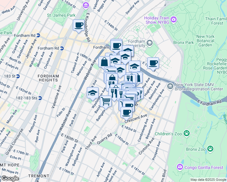 map of restaurants, bars, coffee shops, grocery stores, and more near 527 East 187th Street in Bronx