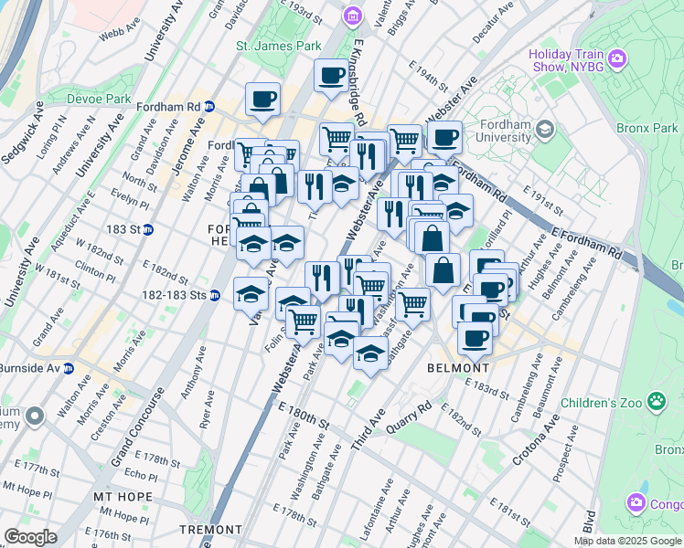 map of restaurants, bars, coffee shops, grocery stores, and more near in The Bronx