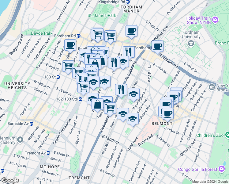 map of restaurants, bars, coffee shops, grocery stores, and more near 382 East 184th Street in The Bronx