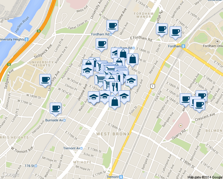map of restaurants, bars, coffee shops, grocery stores, and more near 2236 Grand Concourse in The Bronx