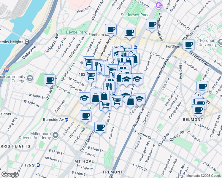 map of restaurants, bars, coffee shops, grocery stores, and more near 2236 Grand Concourse in The Bronx