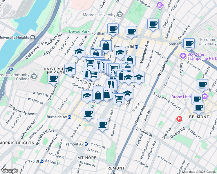 map of restaurants, bars, coffee shops, grocery stores, and more near 2244 Morris Avenue in Bronx