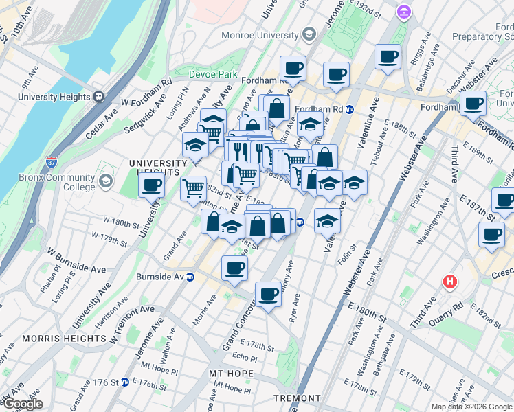 map of restaurants, bars, coffee shops, grocery stores, and more near in The Bronx