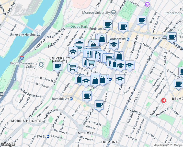 map of restaurants, bars, coffee shops, grocery stores, and more near in The Bronx