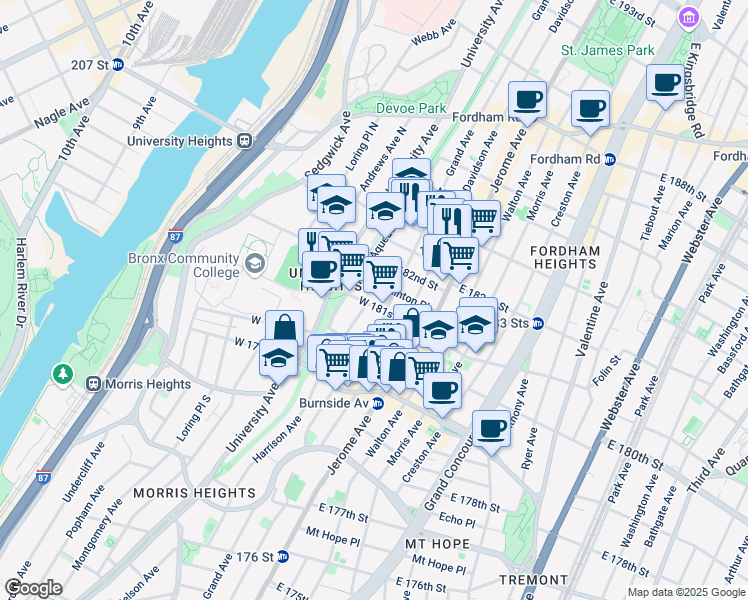 map of restaurants, bars, coffee shops, grocery stores, and more near 71 West 181st Street in The Bronx