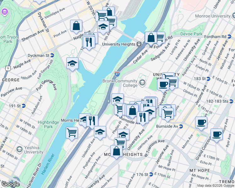 map of restaurants, bars, coffee shops, grocery stores, and more near 7 Cedar Avenue in Bronx