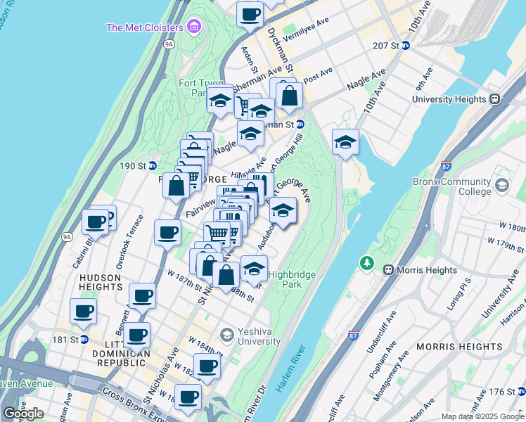 map of restaurants, bars, coffee shops, grocery stores, and more near 124 Fort George Avenue in New York