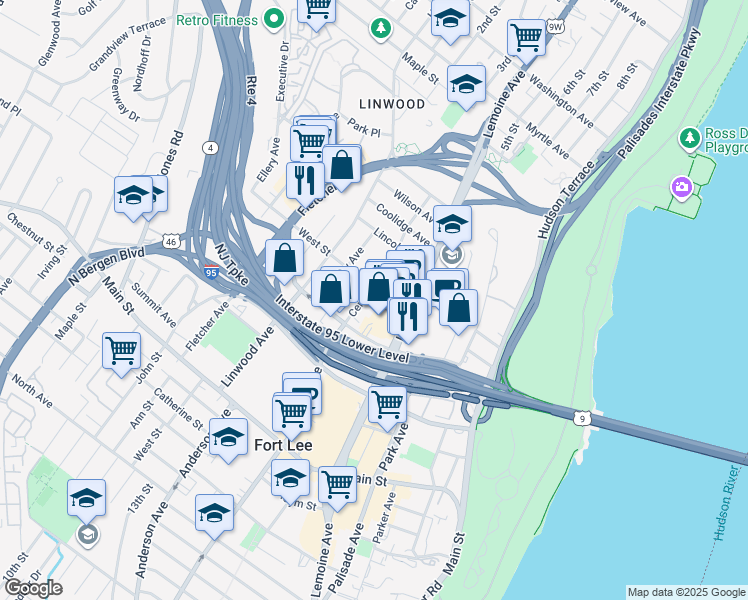 map of restaurants, bars, coffee shops, grocery stores, and more near 2160 Center Avenue in Fort Lee