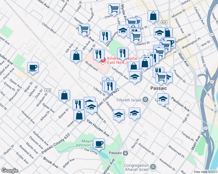 map of restaurants, bars, coffee shops, grocery stores, and more near 309 Boulevard in Passaic