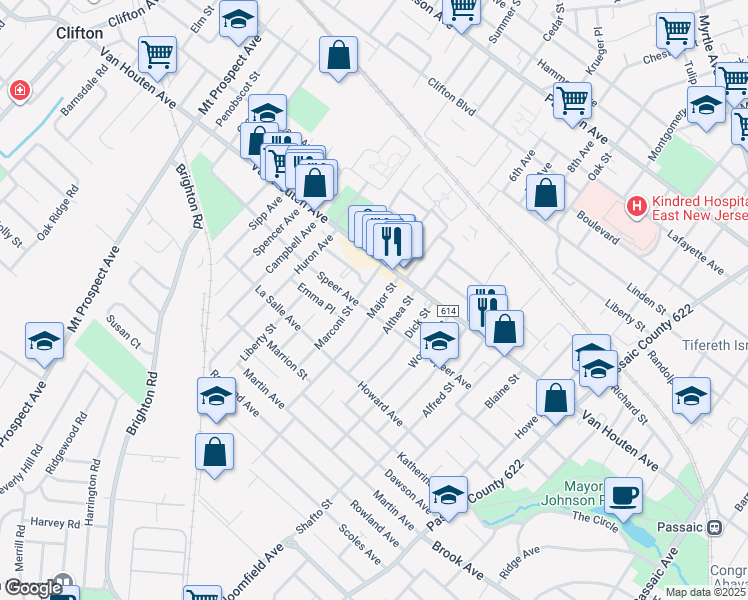 map of restaurants, bars, coffee shops, grocery stores, and more near 24 Major Street in Clifton