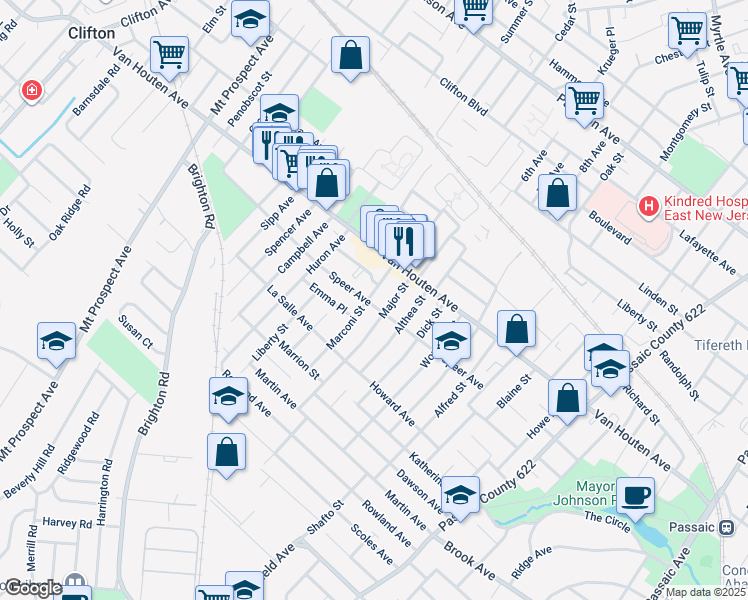 map of restaurants, bars, coffee shops, grocery stores, and more near 146 Speer Avenue in Clifton