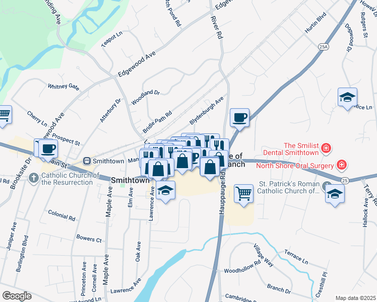 map of restaurants, bars, coffee shops, grocery stores, and more near 34 Gazebo Lane in Smithtown