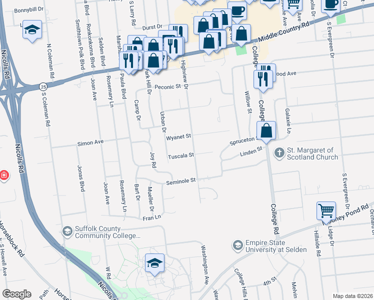 map of restaurants, bars, coffee shops, grocery stores, and more near 84 Highview Drive in Selden