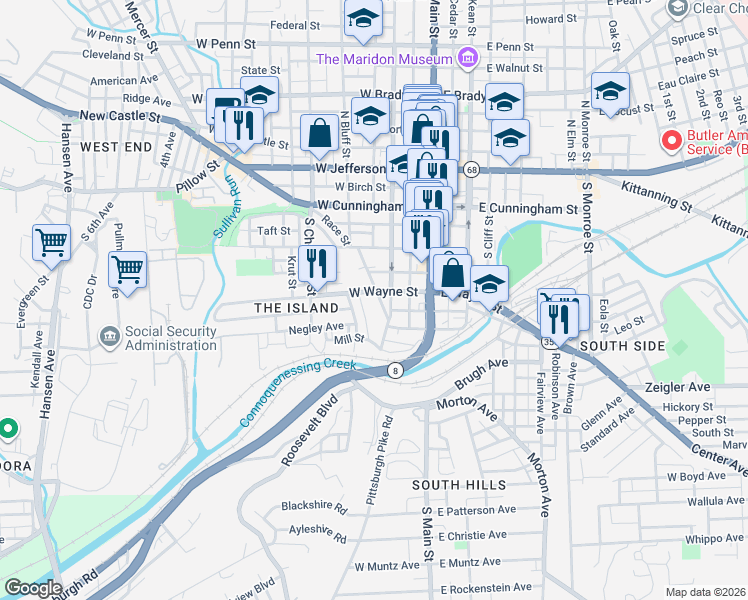 map of restaurants, bars, coffee shops, grocery stores, and more near 209 West Wayne Street in Butler