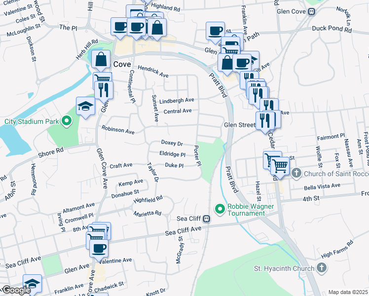map of restaurants, bars, coffee shops, grocery stores, and more near 18 Doxey Drive in Glen Cove