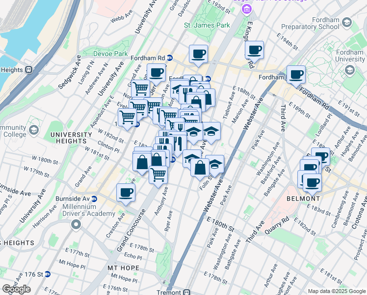 map of restaurants, bars, coffee shops, grocery stores, and more near 2236 Grand Concourse in The Bronx
