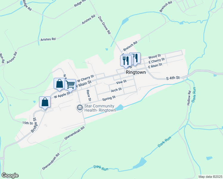map of restaurants, bars, coffee shops, grocery stores, and more near 223 Arch Street in Ringtown